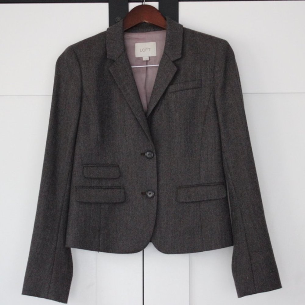 Ann Taylor, gray wool suit with tan accents on skirt, size 4
